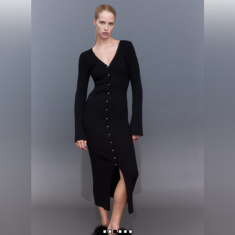 H&M Elegant Black Ribbed Dress Gold Buttons